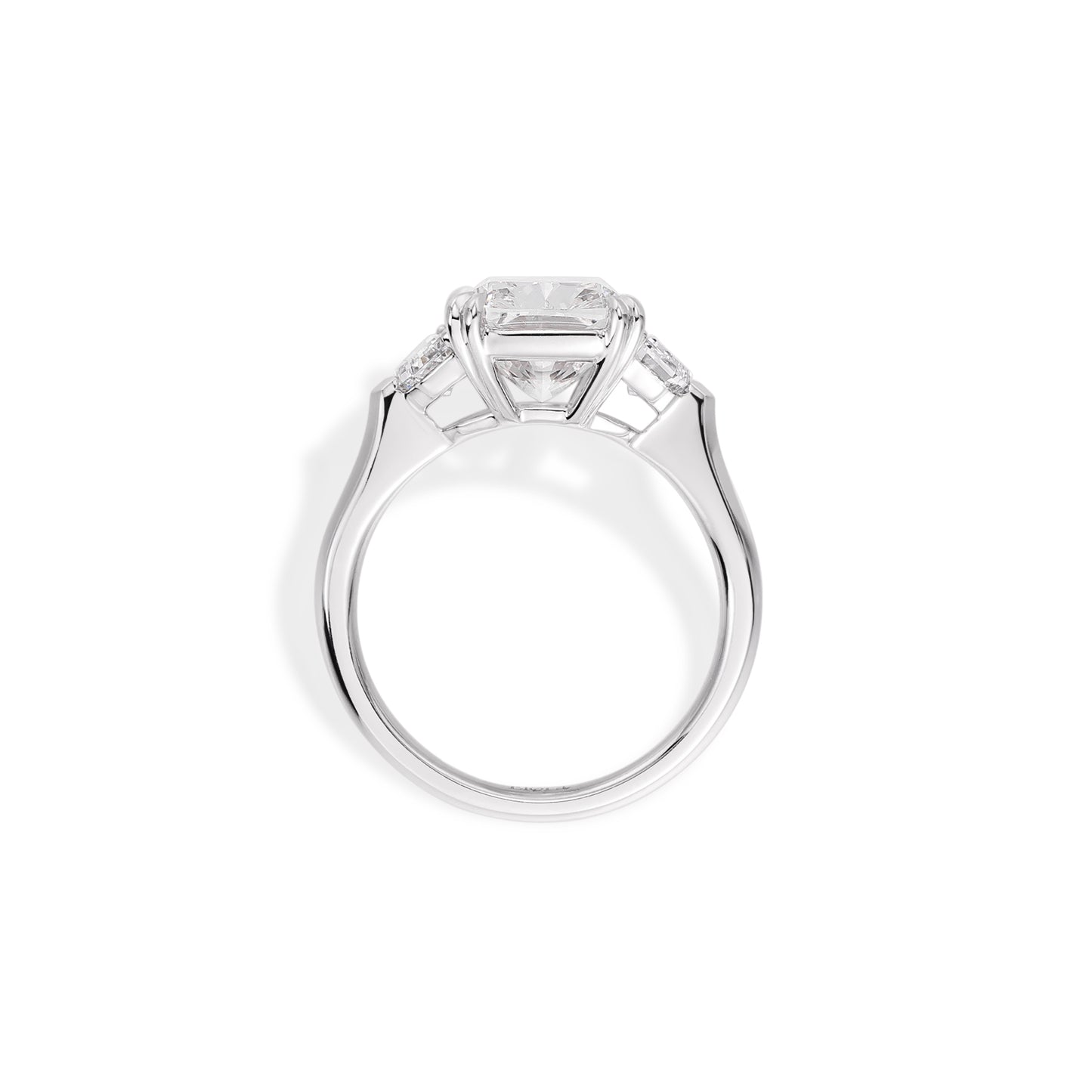 Tate-Emerald Cut Lab Grown Diamond Engagement Ring showcasing a 6.05 ct emerald cut diamond with side Cadillac-cut diamonds.
