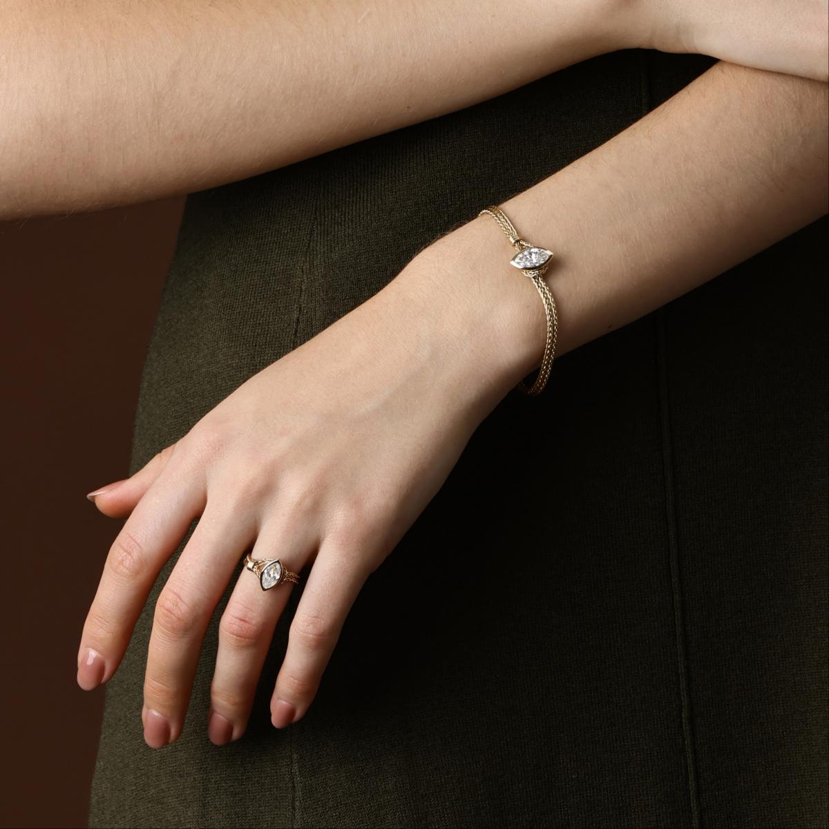Marquise cut lab grown diamond bracelet styled with matching diamond ring