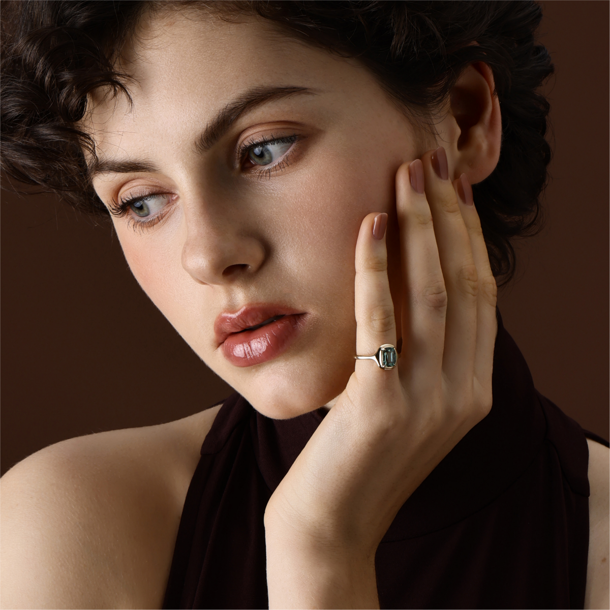 Model Wearing the Ellie Cushion Cut Green Tourmaline Ring in yellow gold
