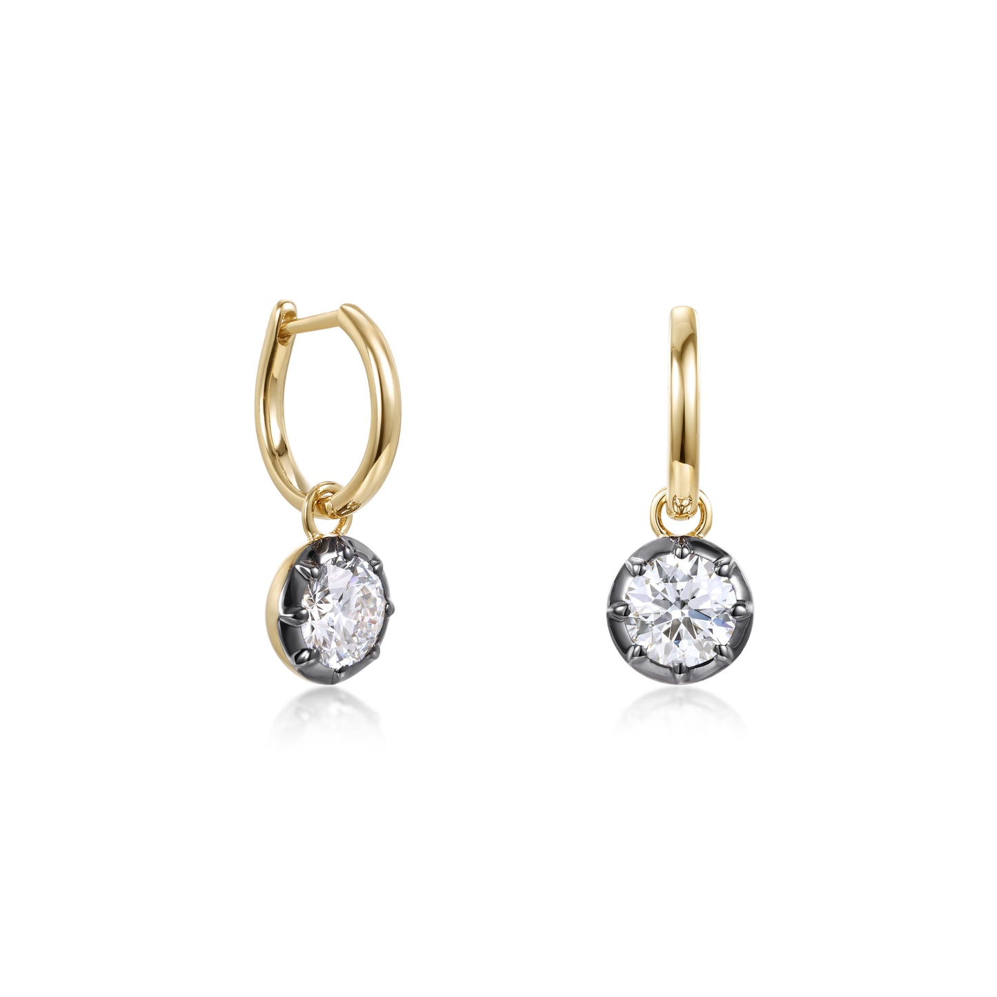 Bezel Round Diamond Drop Hoop Earrings featuring a round brilliant diamond and yellow gold hoops.
