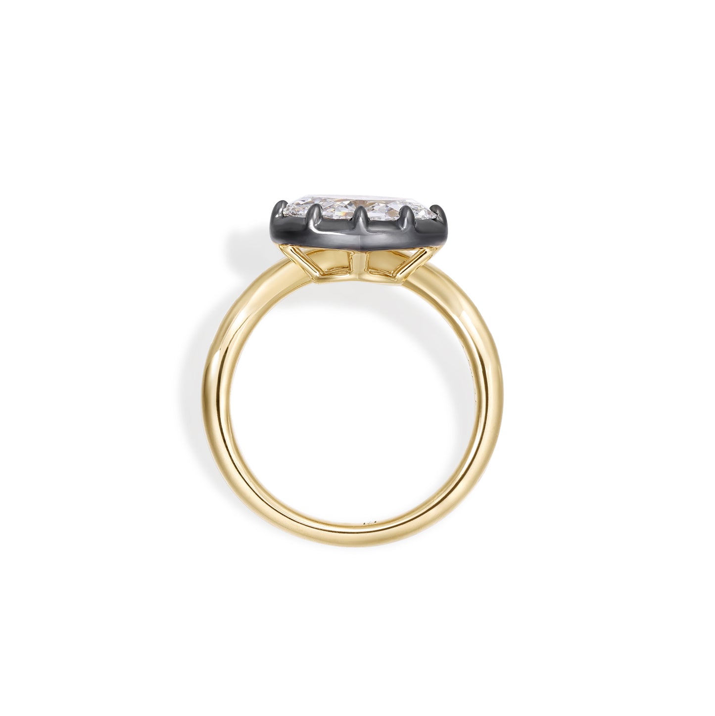 Eva-Marquise Cut Lab Grown Diamond Pinky Ring in black gold bezel on a yellow gold band.