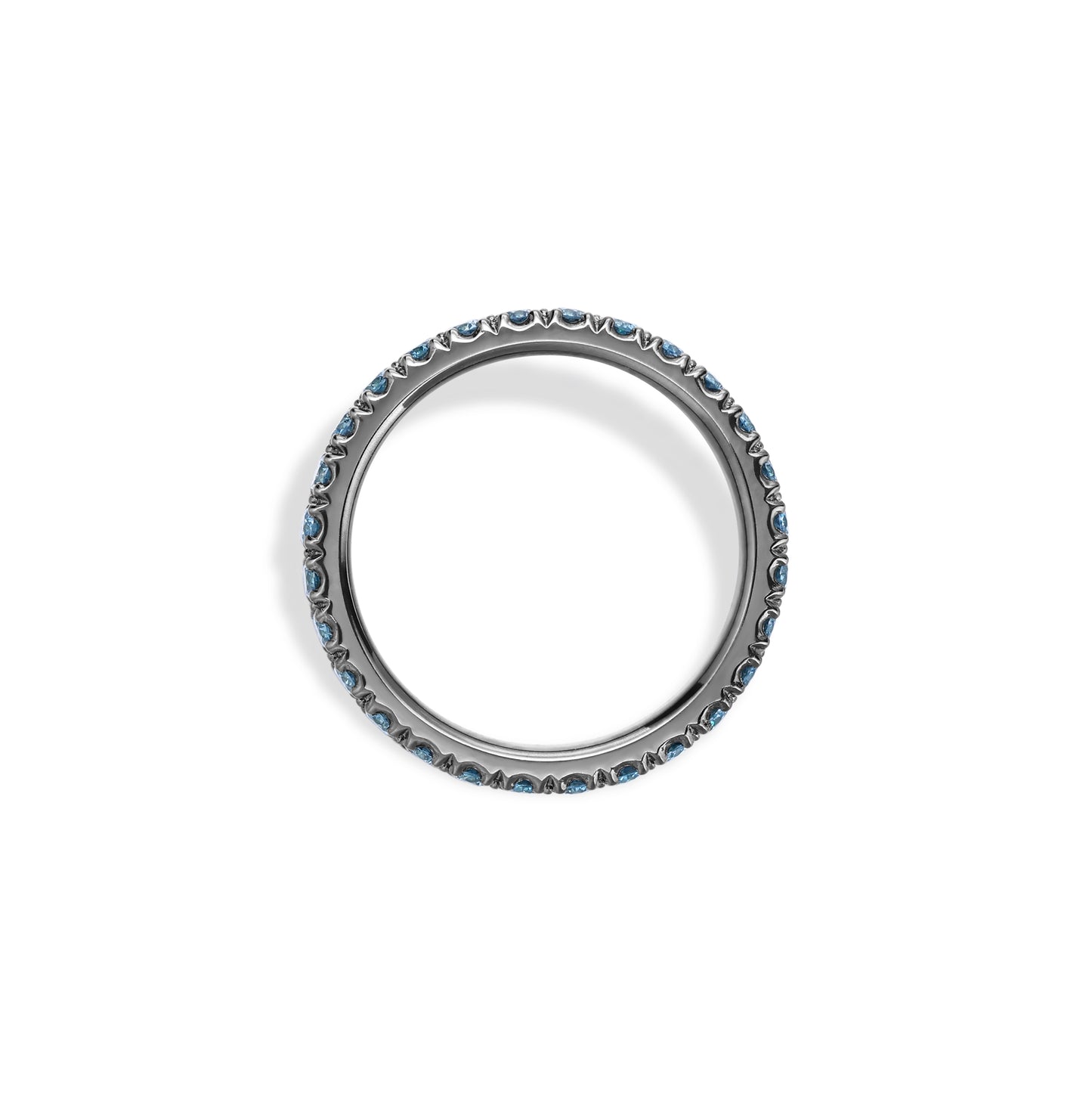 Irene-Round Cut Lab Grown Blue Diamond Ring in black gold with round cut blue diamonds.