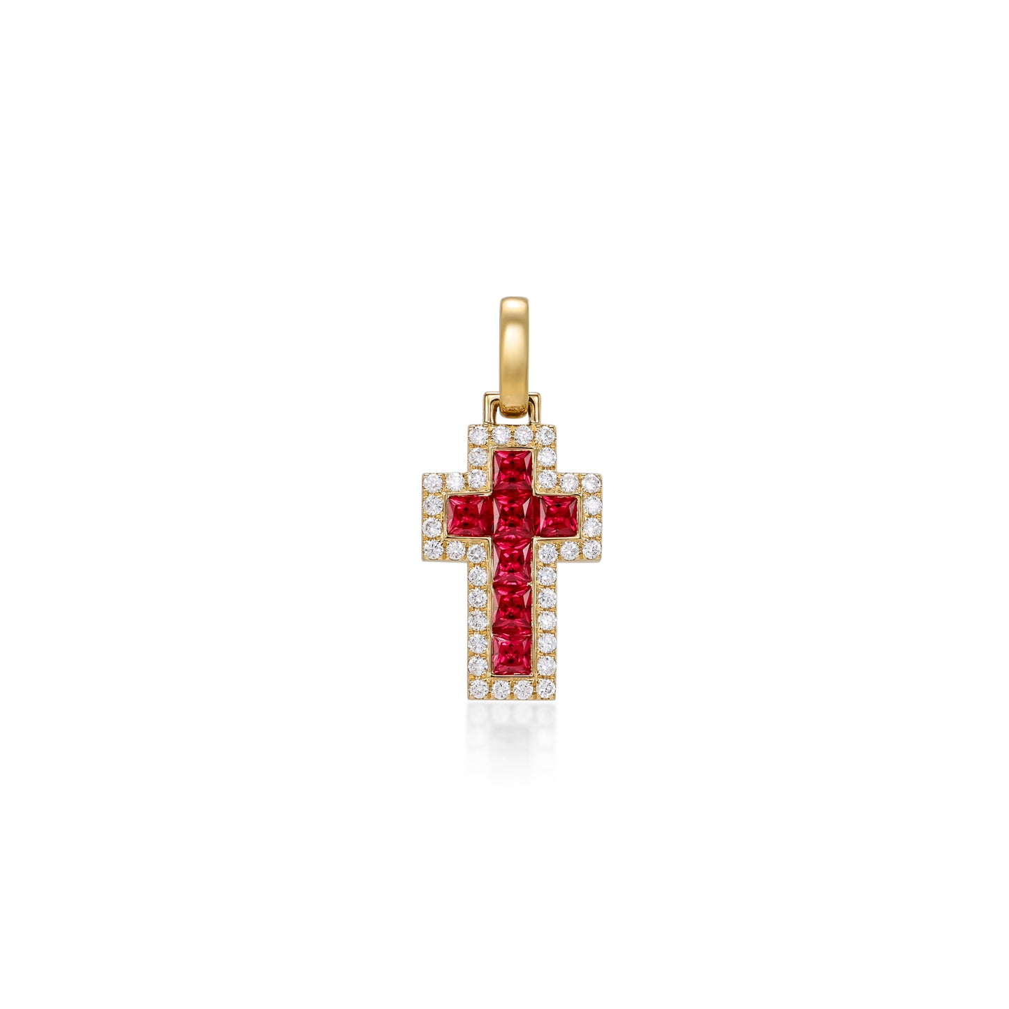 Stella-Princess Cut Ruby Cross Pendant Necklace featuring 7 princess cut rubies and round lab grown diamonds in 14K yellow gold.