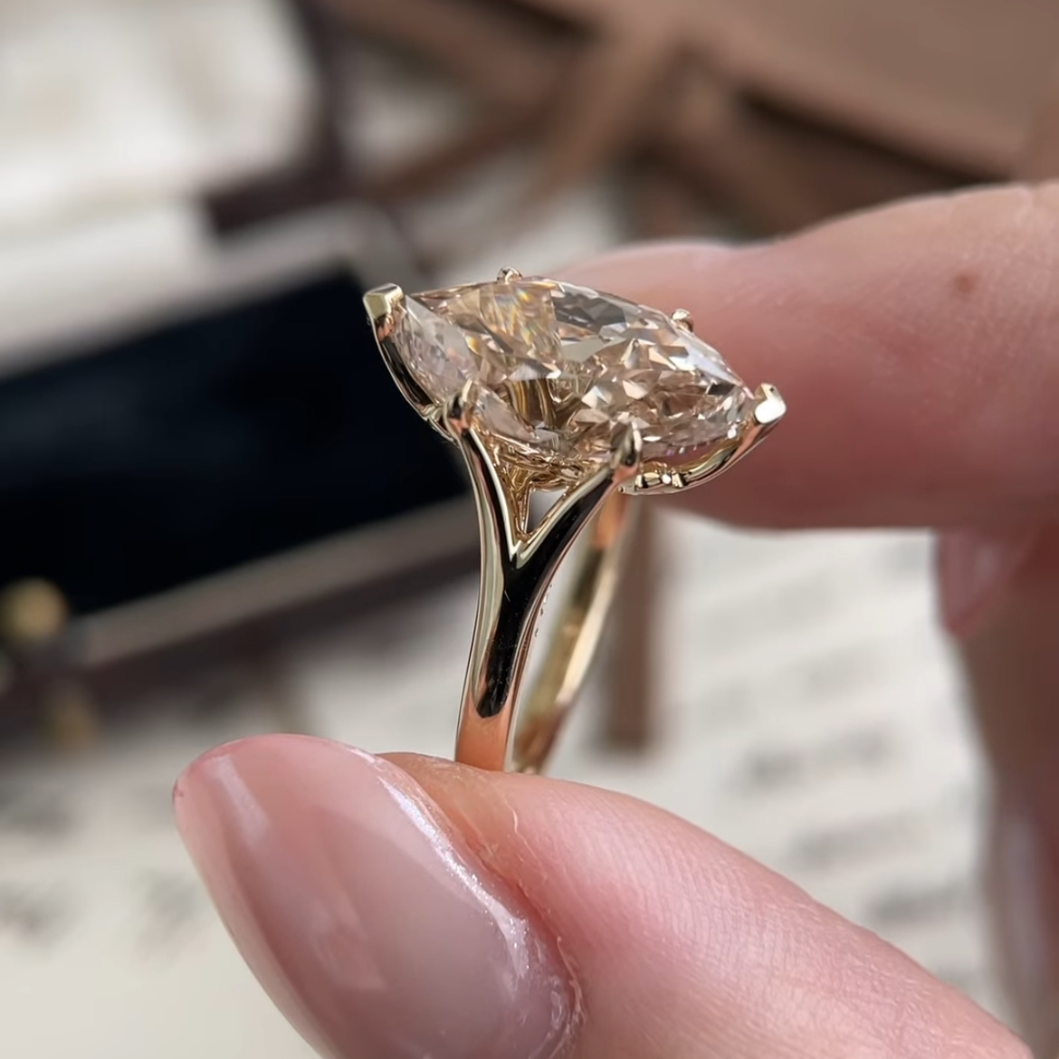 Vienna-Champagne Old Mine Marquise Lab Grown Diamond Ring
