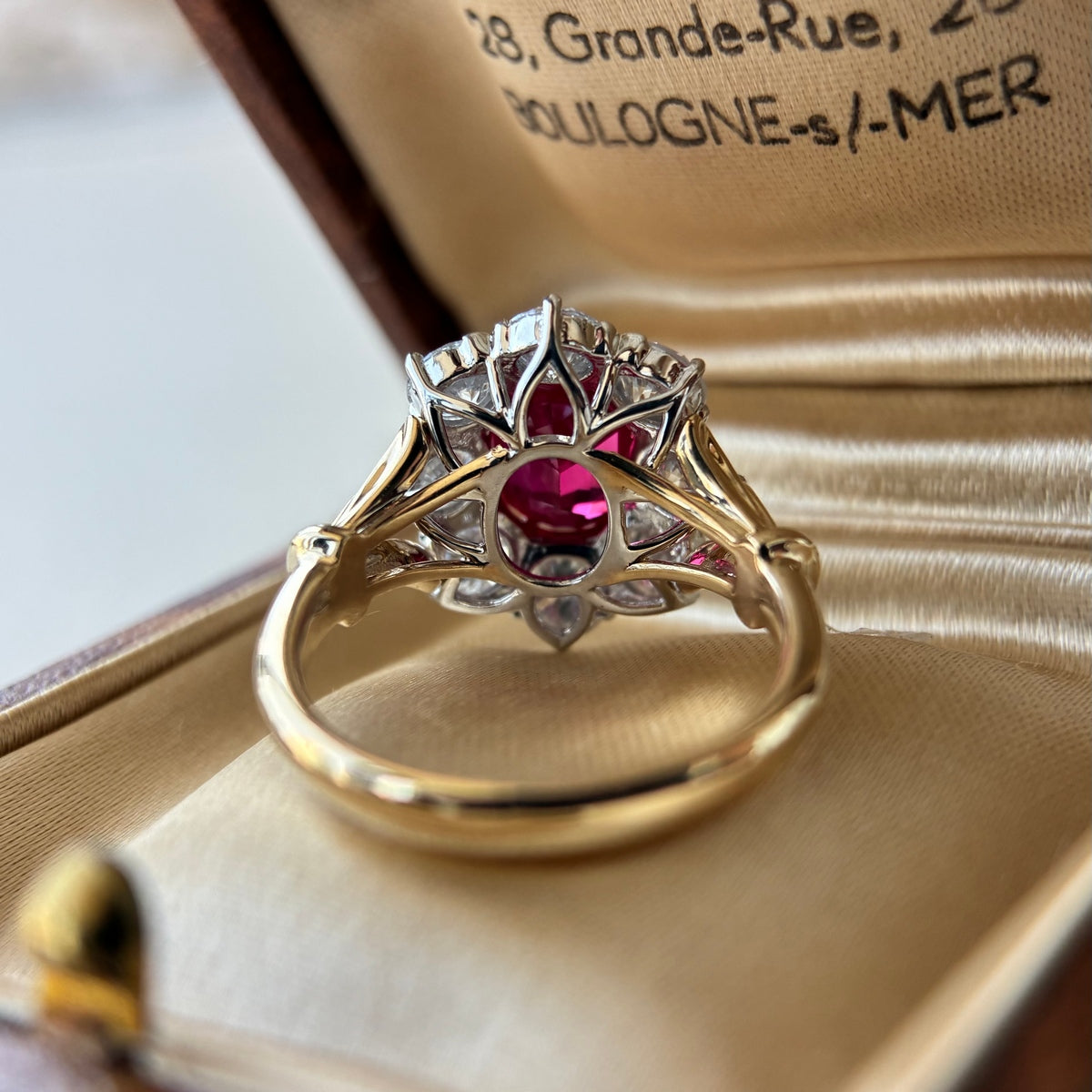 Rina-Cushion cut Lab Grown Ruby and Diamond Vintage Cluster Ring