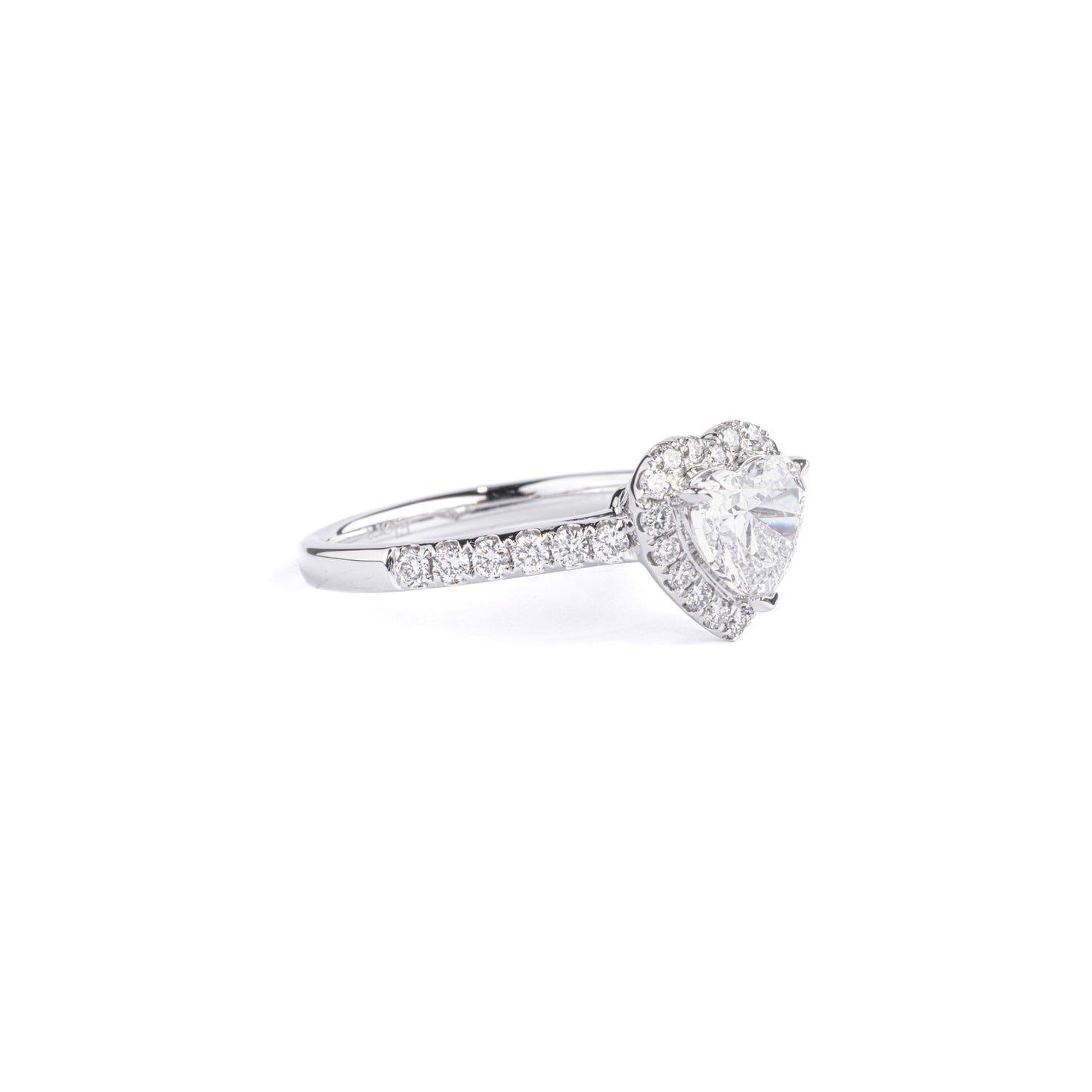 Angled View Heart Cut Diamond Halo Engagement Ring with Pavé setting