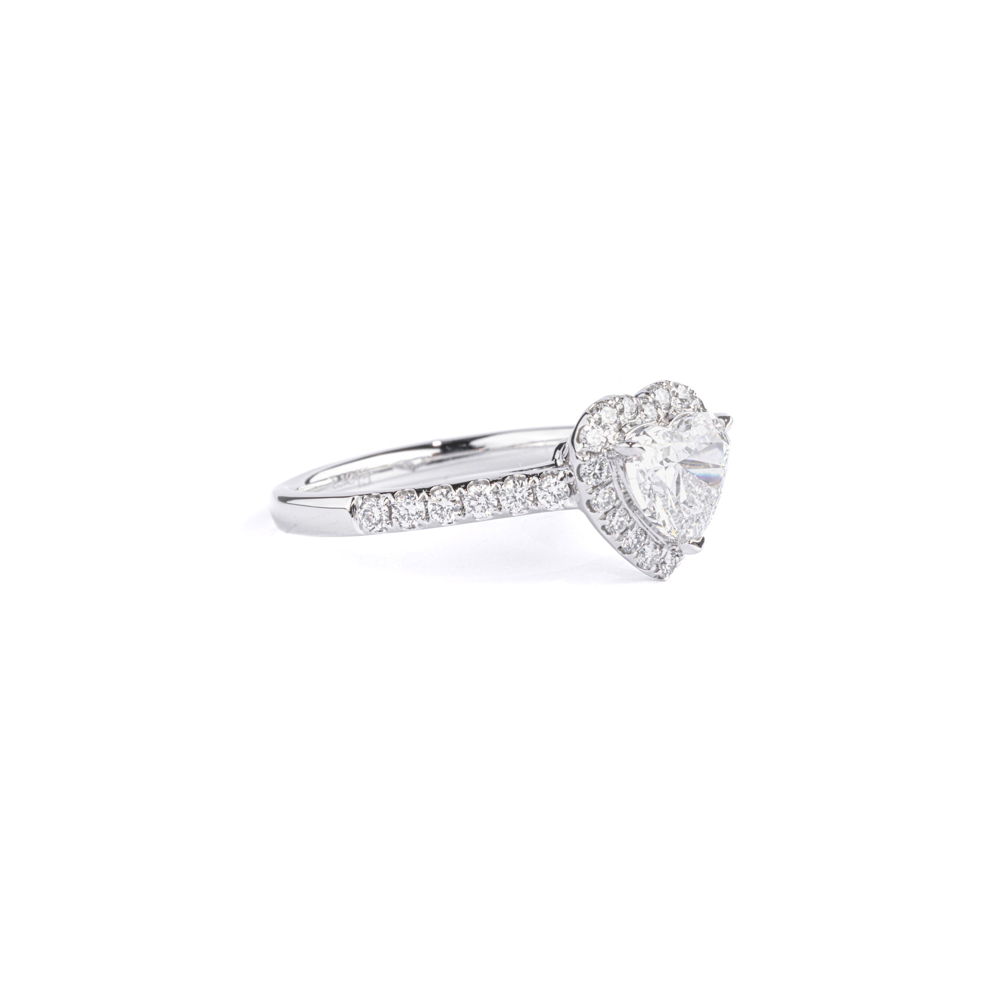 Angled View Heart Cut Diamond Halo Engagement Ring with Pavé setting