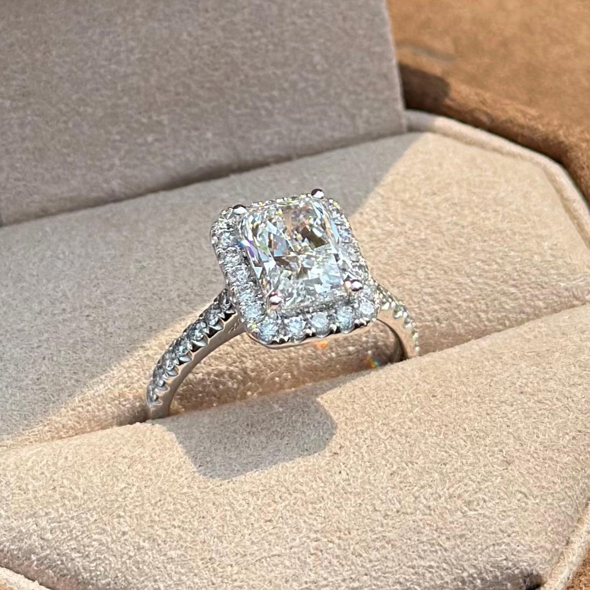 Briella Radiant Cut Pavé Lab Grown Diamond Halo Ring shown inside Elora jewelry box