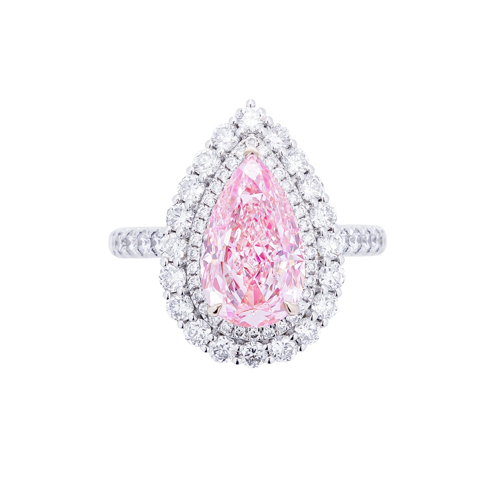 3,46ct rosafarbener Diamant im Tropfenschliff, Doppel-Halo-Ring aus 18K Weißgold | Ariana
