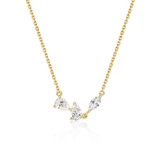 Face View Trio Diamond Necklace of mixed pear and marquise cut diamonds in 14k/18k Yellow Gold | Orla | Elora