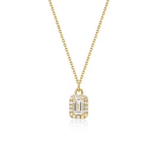 Face view 0.56ct Halo Emerald Cut Diamond Pendant Necklace in 14k/18k Yellow Gold | Estelle | Elora
