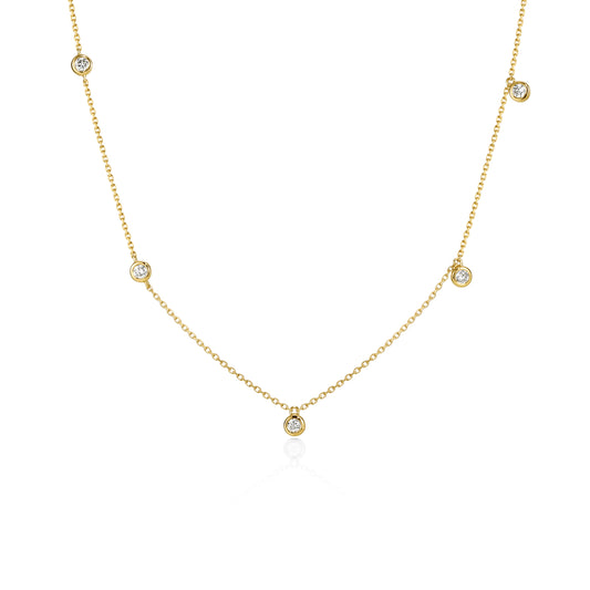 Face view Diamond Station Necklace 5 bezel-set round diamonds in 14k/18k Yellow Gold | Astra | Elora