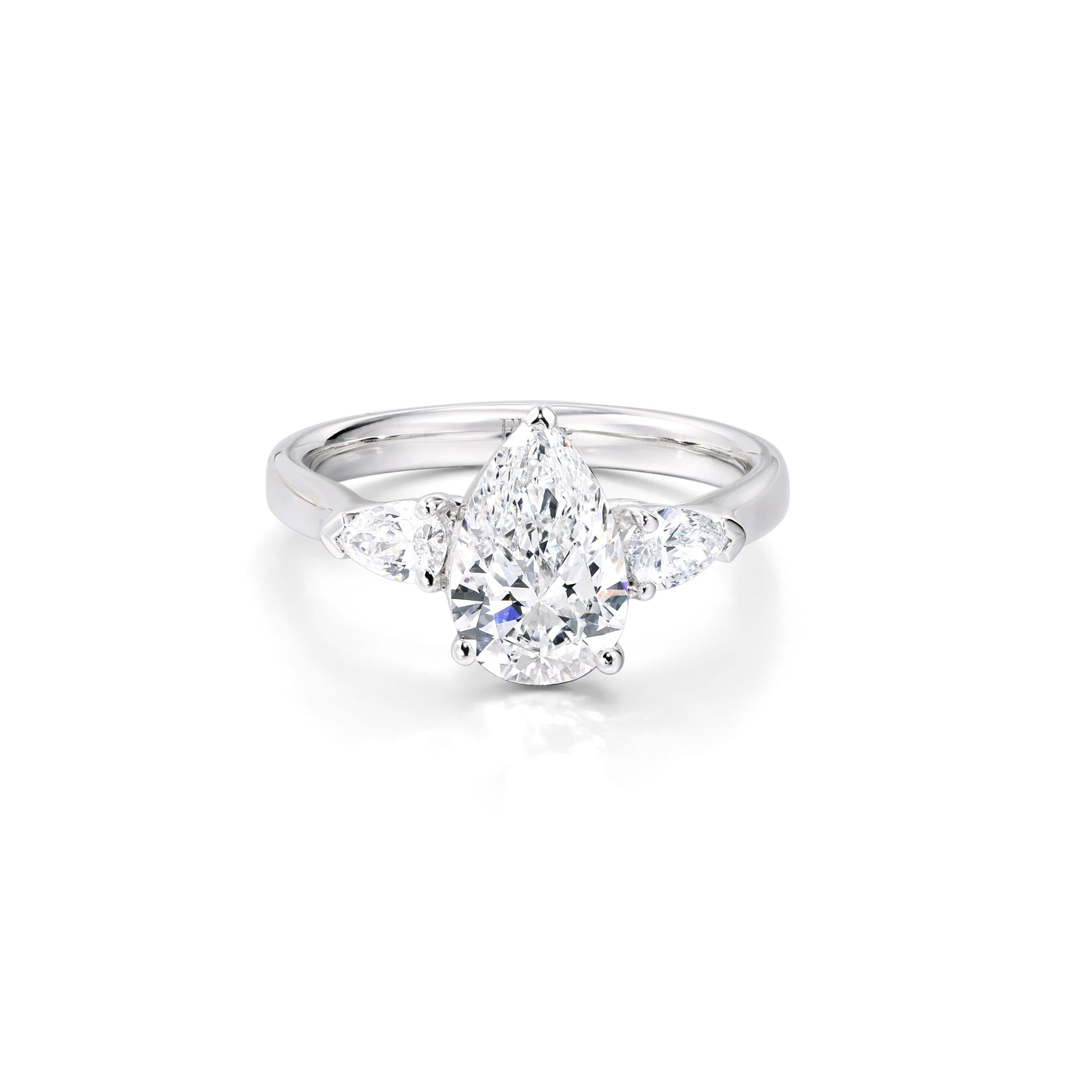 Face view Pear Cut Lab Grown Diamond Three Stone Engagement Ring in Platinum | Gracie | Elora