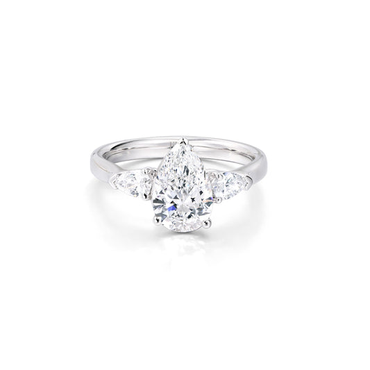Face view Pear Cut Lab Grown Diamond Three Stone Engagement Ring in Platinum | Gracie | Elora