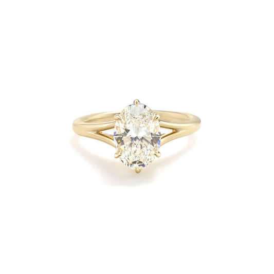 Front-facing view of Edith oval lab diamond ring in 14K yellow gold, showing elegant solitaire setting