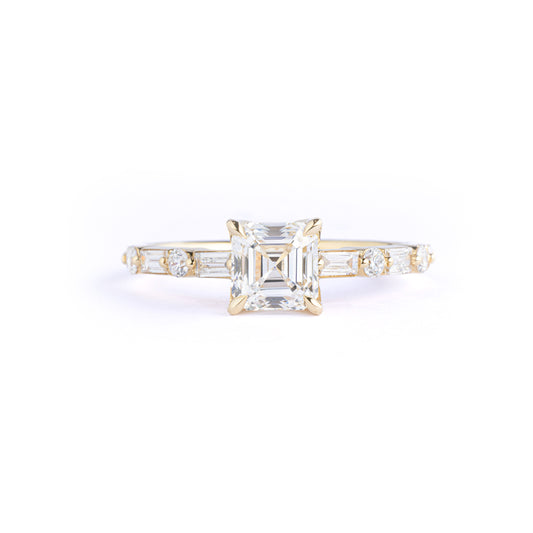 Front View Asscher Cut Lab Grown Diamond Engagement Ring with pavé setting in 14K/18K Gold