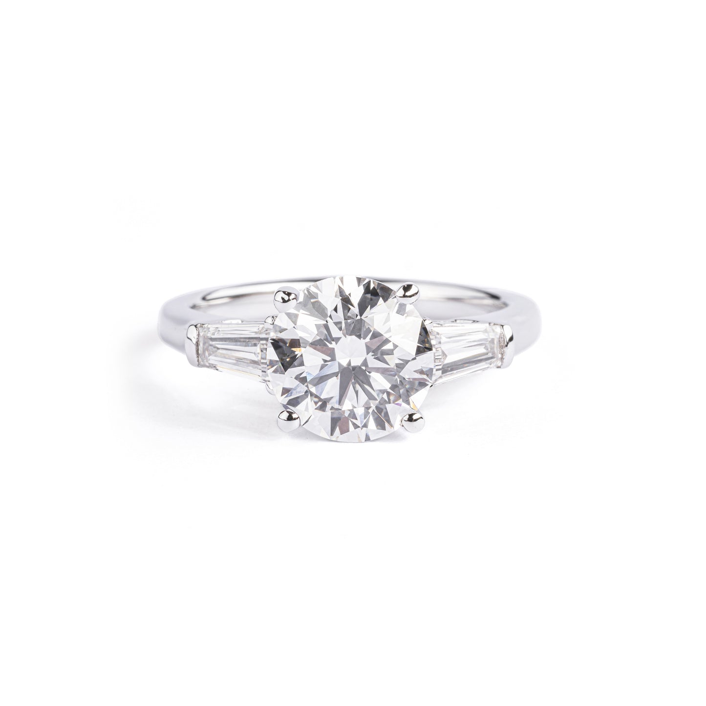 Front View Three-Stone Round Cut Lab Grown Diamond Engagement Ring in platinum