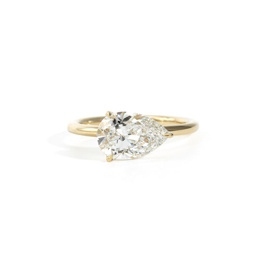 Front view East-West Pear Cut Lab Grown Diamond Engagement Ring in 14K Gold