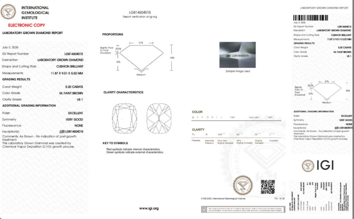 Custom Order Deposit - 5.2ct Cushion Cut Lab Champagne Diamond Ring IGI certified report with carat and clarity details.