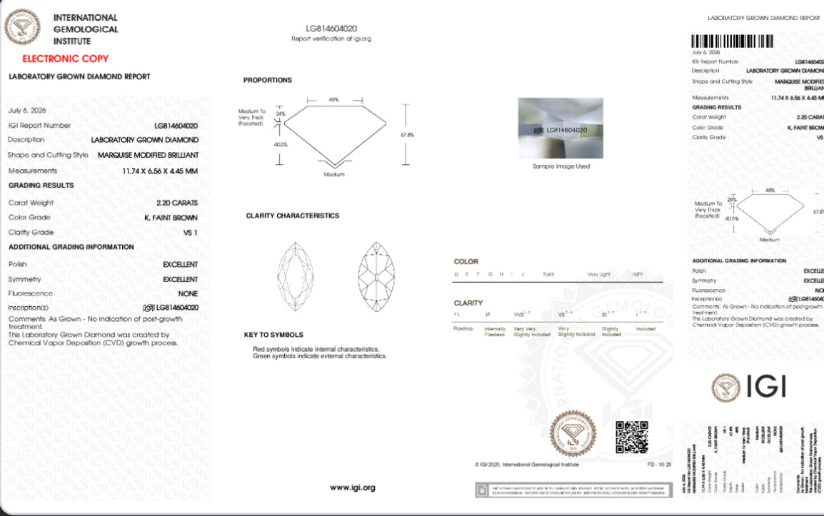 A technical gemological report sheet from the International Gemological Institute (IGI) showing laboratory gemstone dimensions, clarity characteristics, and grading results for a round brilliant cut stone, with a small inset color photograph of the stone near the top center.