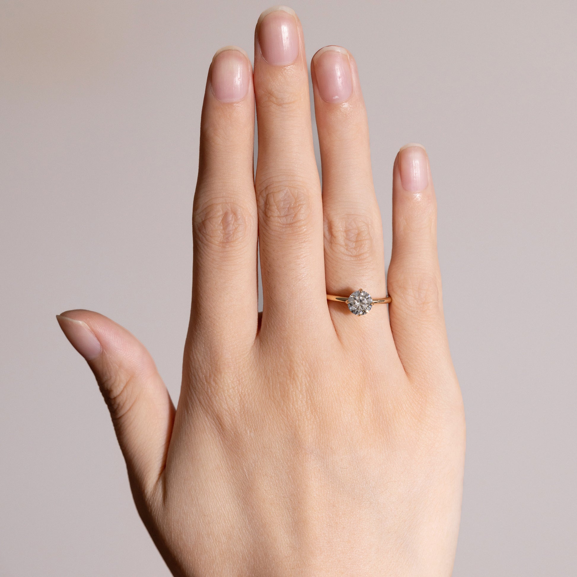 Hand raised to display Layla Round Cut diamond solitaire engagement ring in soft daylight