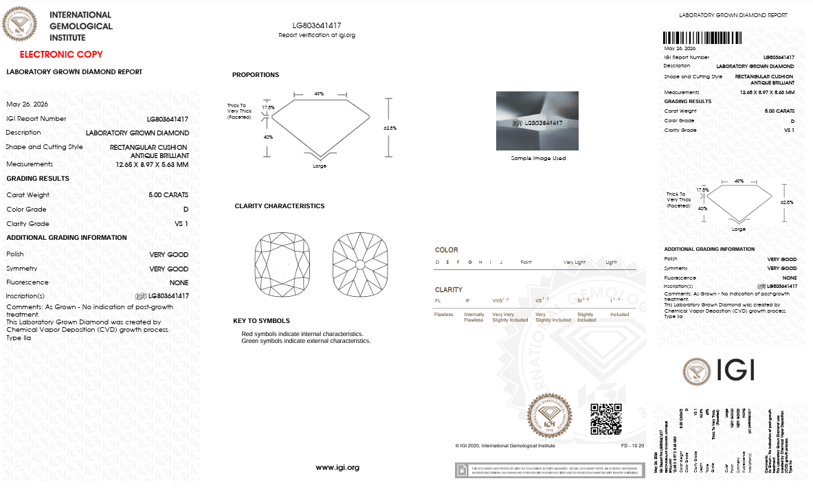 Custom Order Deposit - 5.0ct Cushion Cut Lab Diamond Ring IGI Certification Report