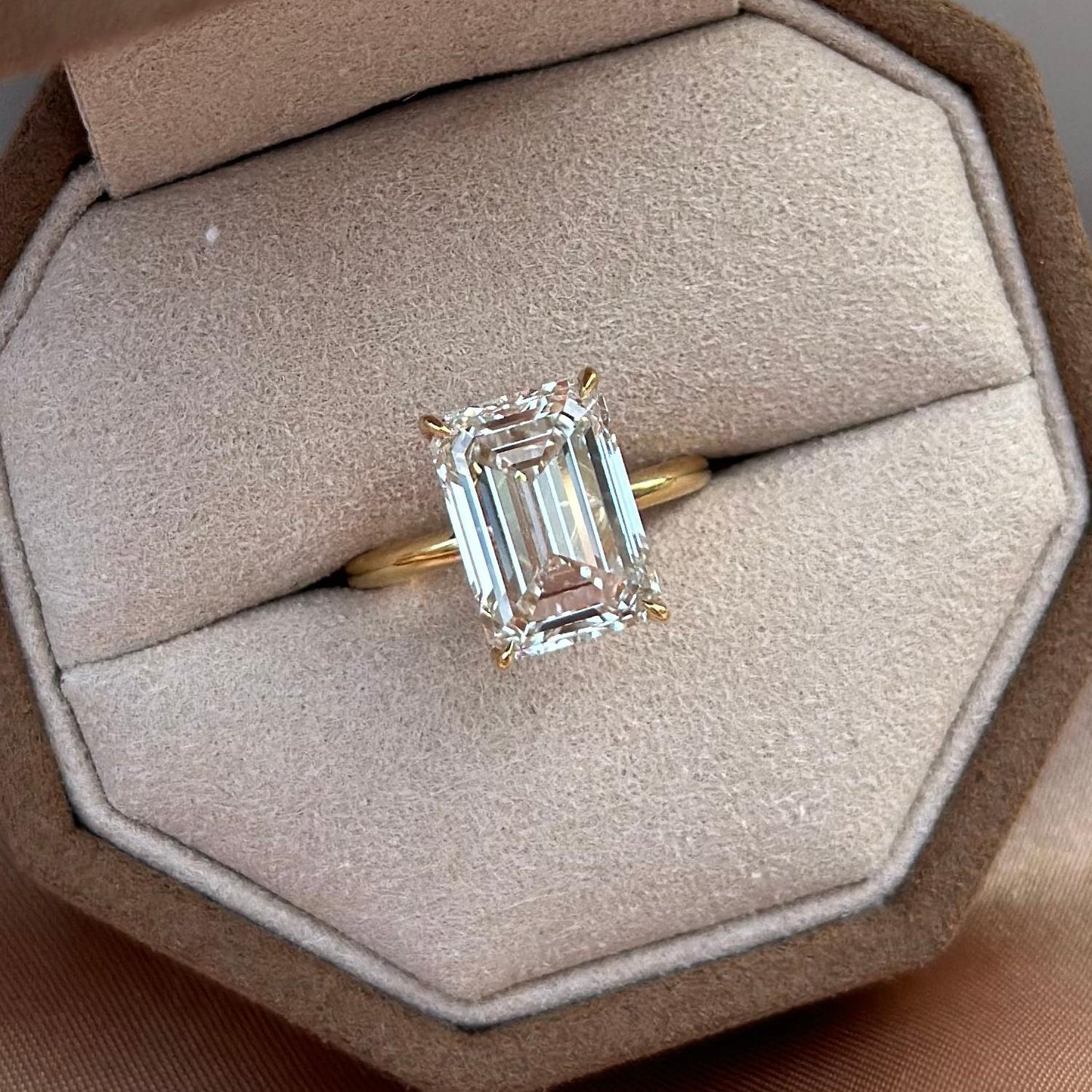 Jude Emerald cut lab-grown diamond ring shown inside Elora jewelry box