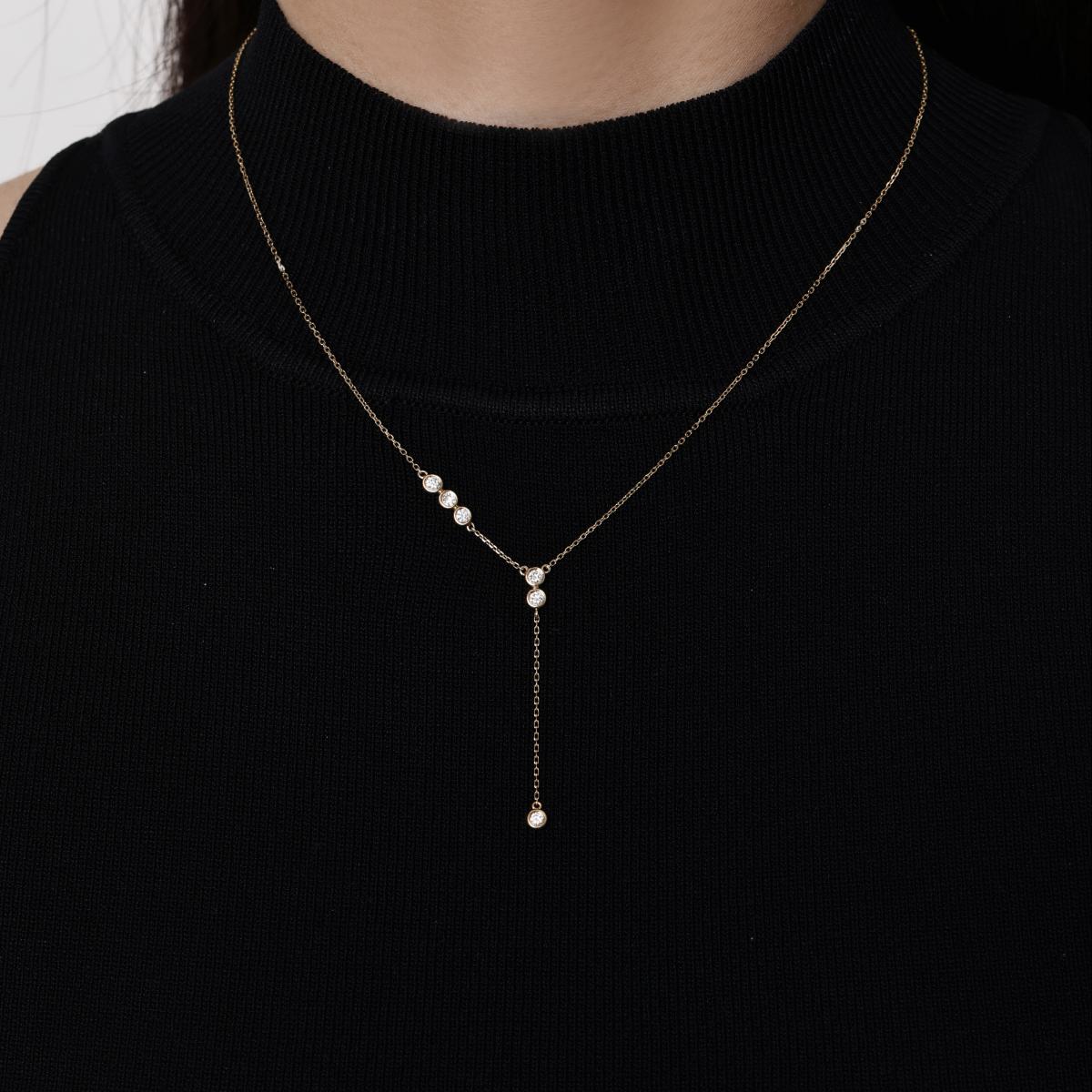 Model wearing Cascade bezel-set round Diamond Lariat Necklace 16–18" Chain Length (adjustable)