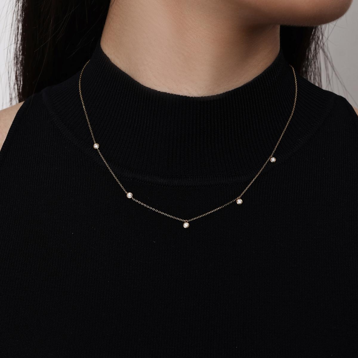 Model wearing a 5 bezel-set round Diamonds Station Necklace 16–18" Chain Length (adjustable)