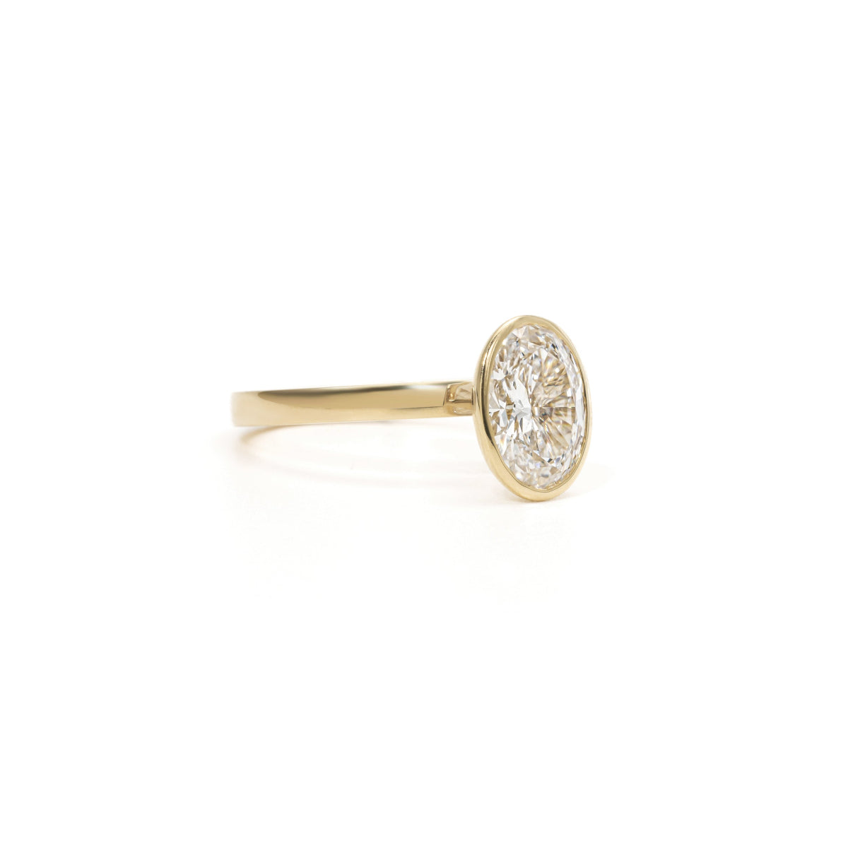 Side profile of Eleanor ring showcasing oval diamond in Bezel setting