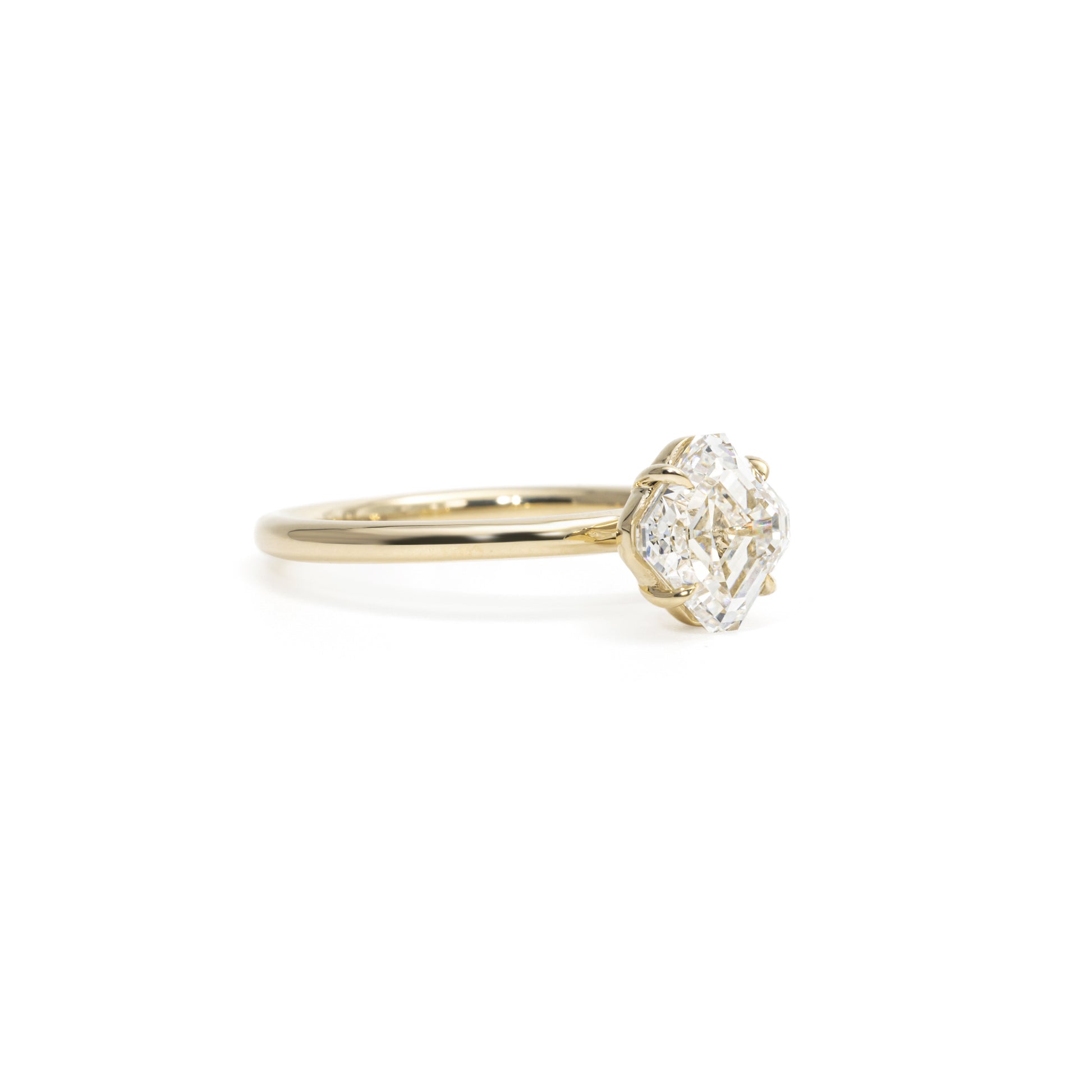 Side profile showing Bonni Asscher Cut Lab Grown Diamond with secure prong setting and tapered band