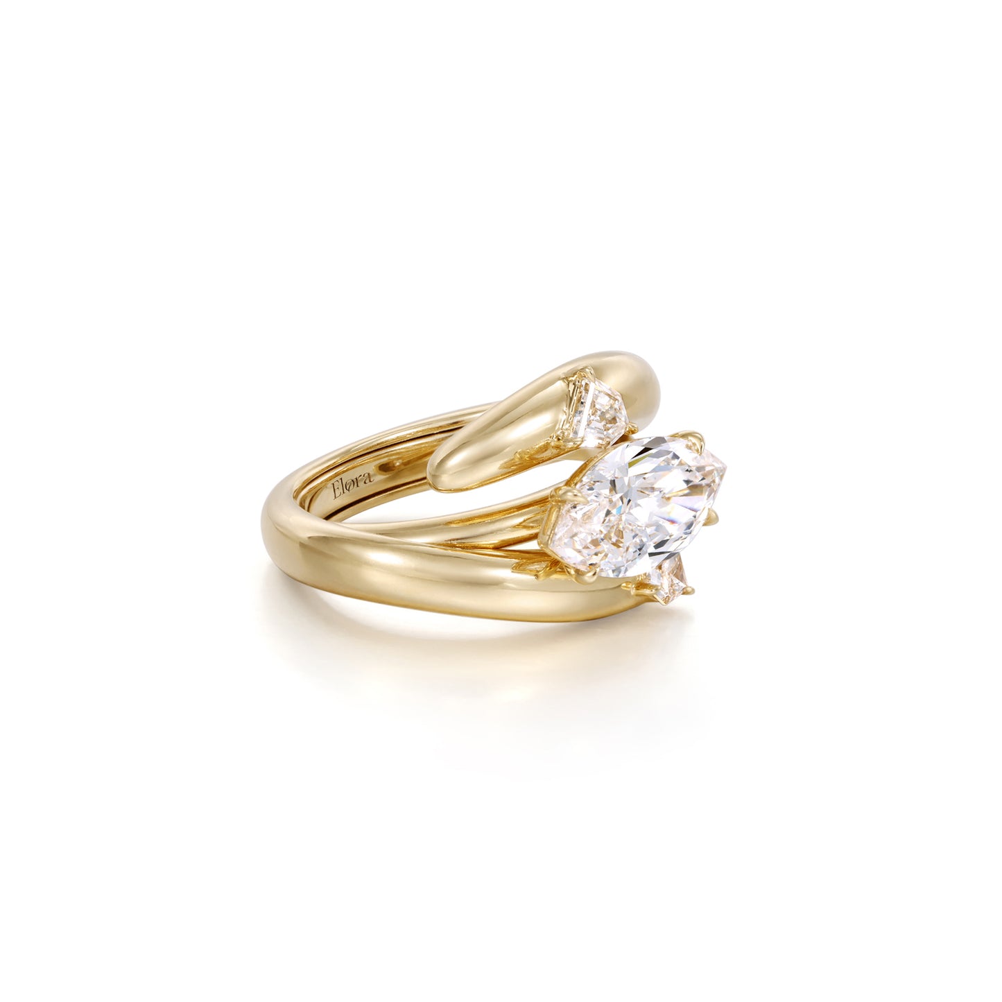 Stacking shot Marquise East-West Diamond Engagement Ring paired with Embrace Wedding Band Yellow Gold