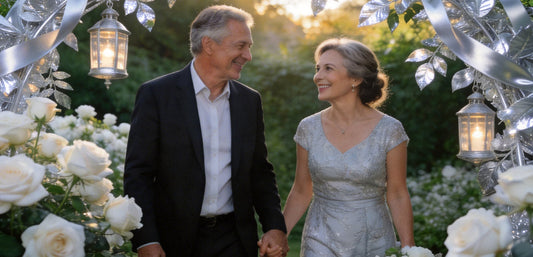 Everything You Need to Know About a Silver Wedding Anniversary, couple celebrating 25 years together in a garden.