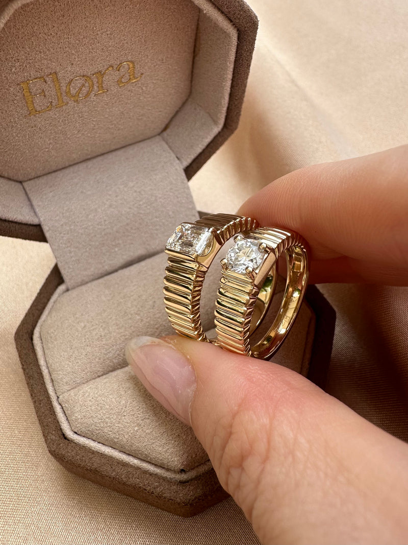 Round cut Diamond Ring Ribbed Cigar Band for Women