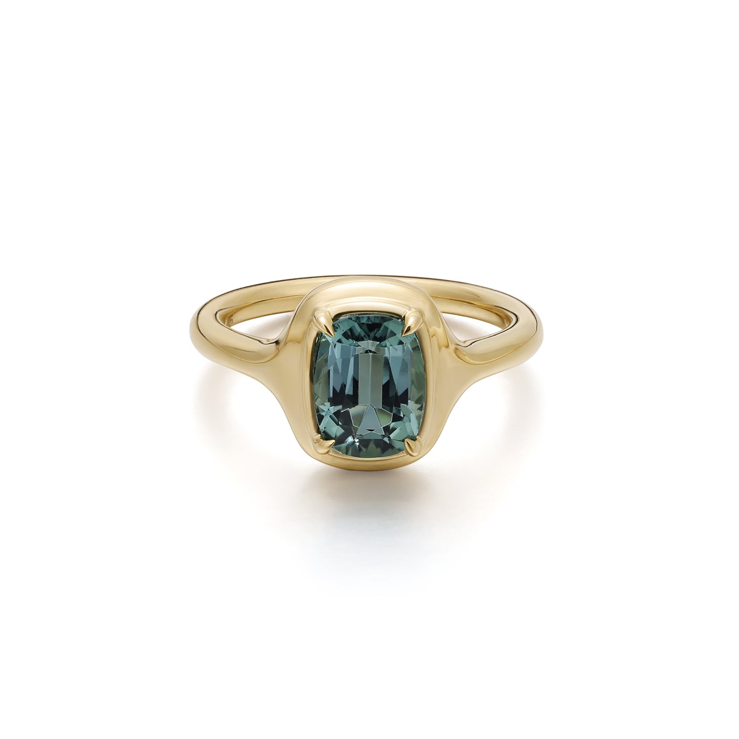 Cushion Cut Green Tourmaline Gemstone Ring in yellow gold