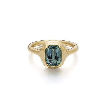 Cushion Cut Green Tourmaline Gemstone Ring in yellow gold