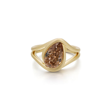 Champagne pear cut lab grown diamond engagement ring in brushed 14K yellow gold