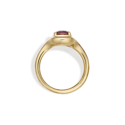 Side Profile of the Ellie Cushion Cut Light Pink Tourmaline Ring in 14K yellow gold