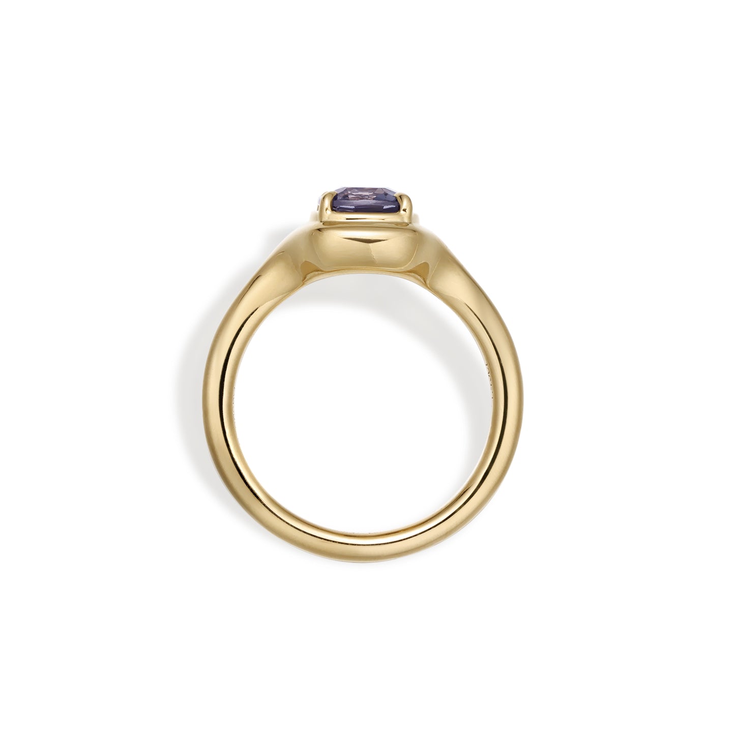 Side Profile of the Ellie Cushion Cut Grey Spinel Ring in 14K yellow gold