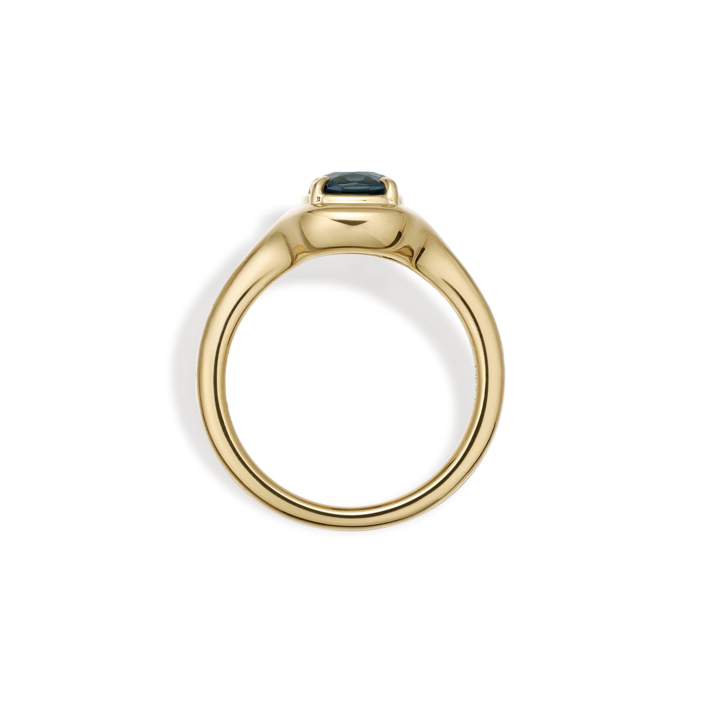 Side profile of the Ellie Cushion Cut Green Spinel Ring in yellow gold