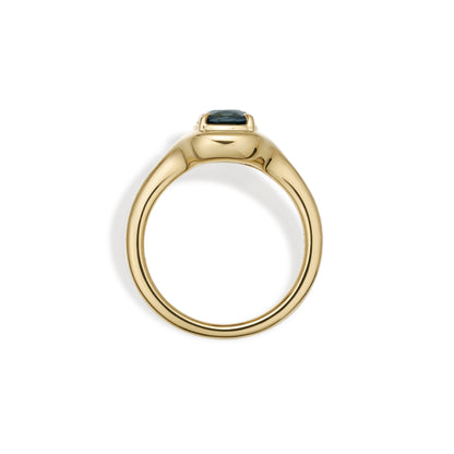 Side profile of the Ellie Cushion Cut Green Spinel Ring in yellow gold