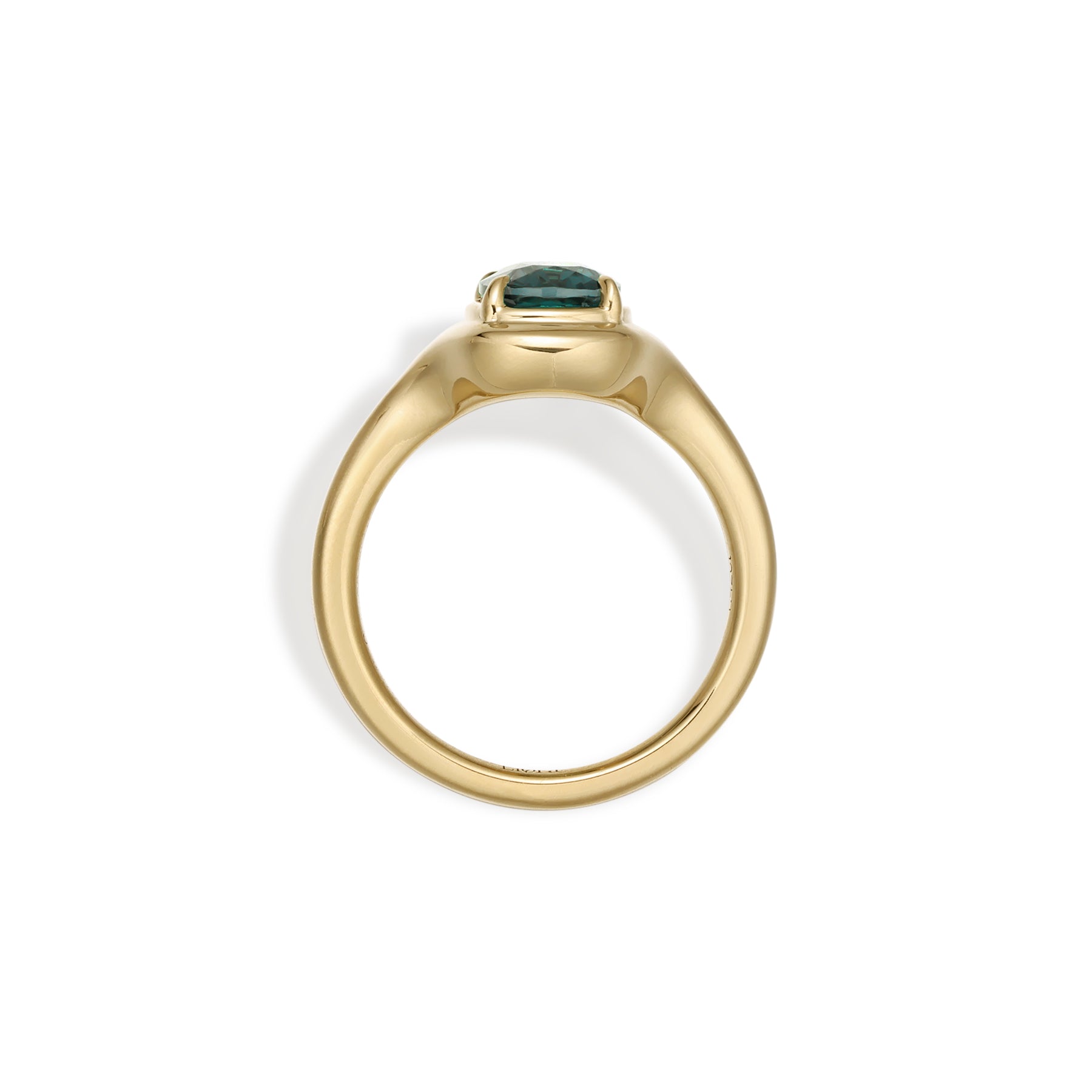 Side Profile of the Ellie Cushion Cut Green Tourmaline Ring in yellow gold