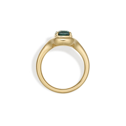 Side Profile of the Ellie Cushion Cut Green Tourmaline Ring in yellow gold