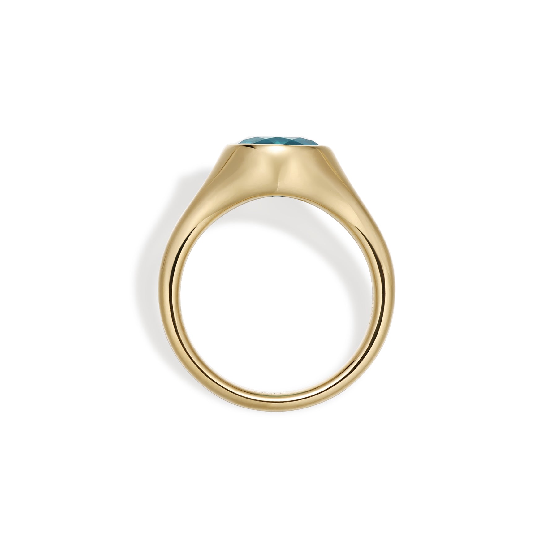 Side Profile of the Juno Oval Cut Lab Grown Paraiba Ring in yellow gold