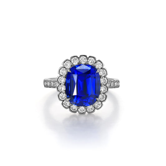 Tessa-Cushion Lab Grown Blue Sapphire Diamond Halo Ring
