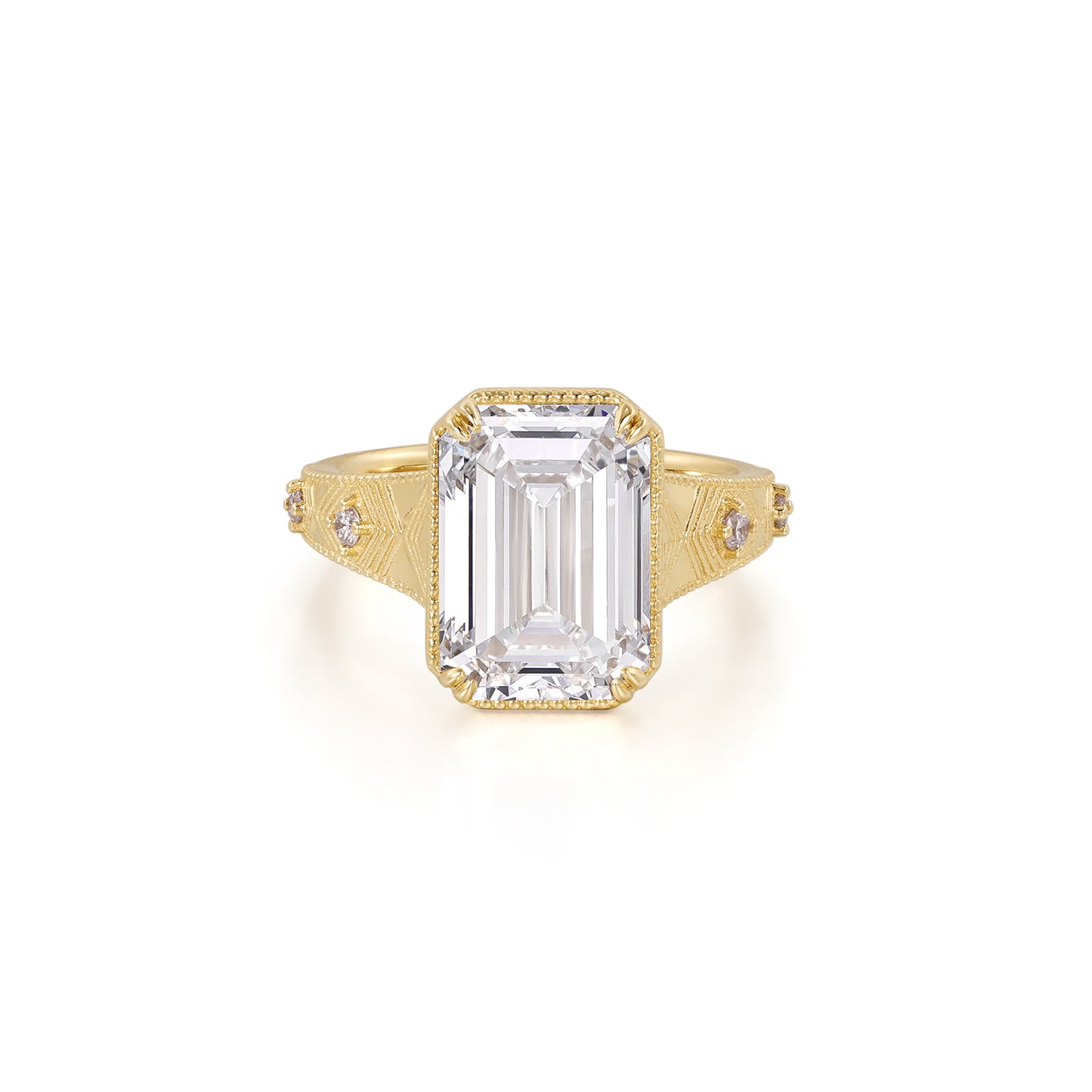 Aurelia-Emerald Cut Lab Grown Diamond Engagement Ring with yellow gold band and intricate milgrain detailing.