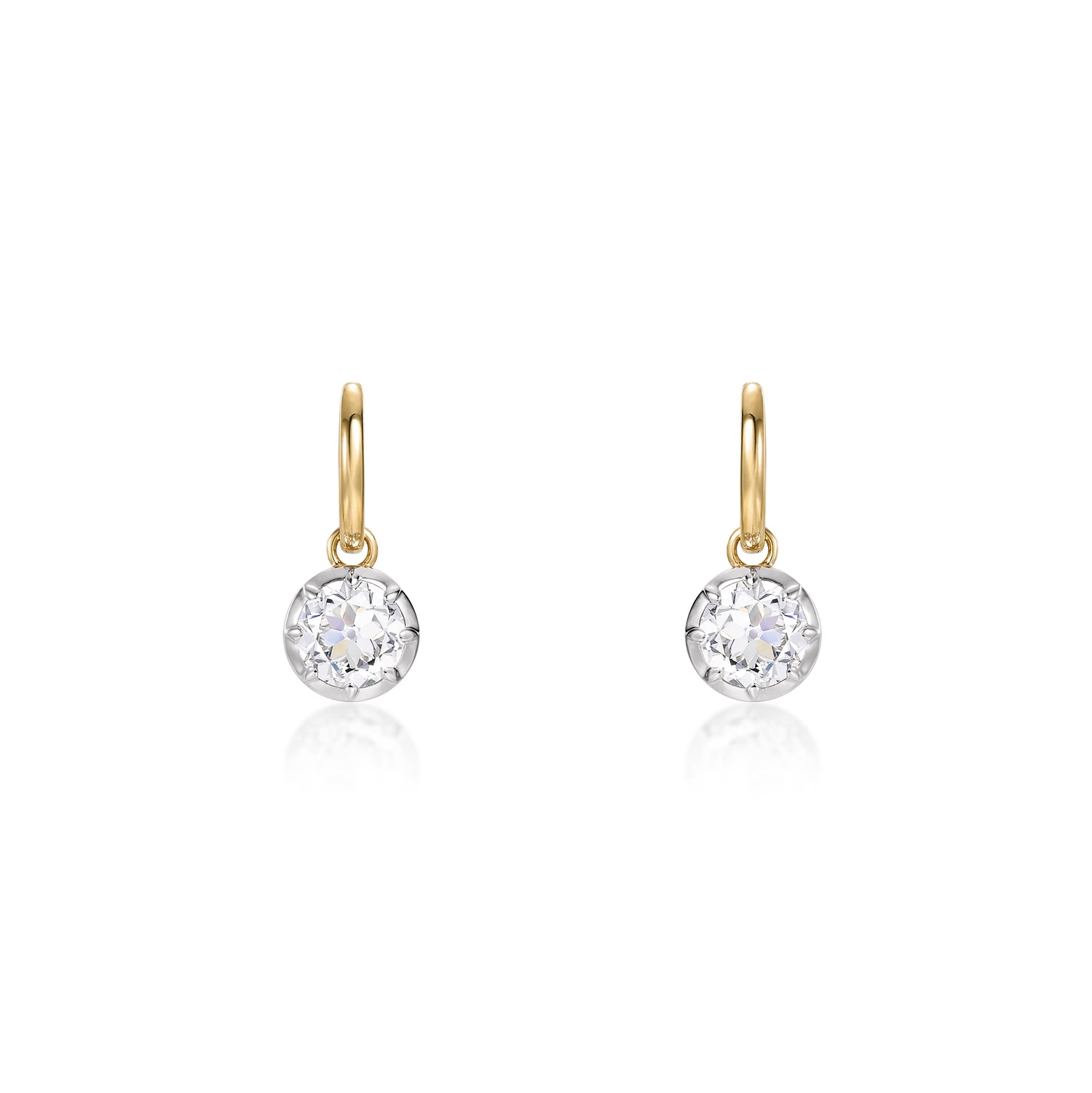 Bezel Old European Cut Diamond Drop Hoop Earrings with lab grown diamonds set in yellow gold hoops.