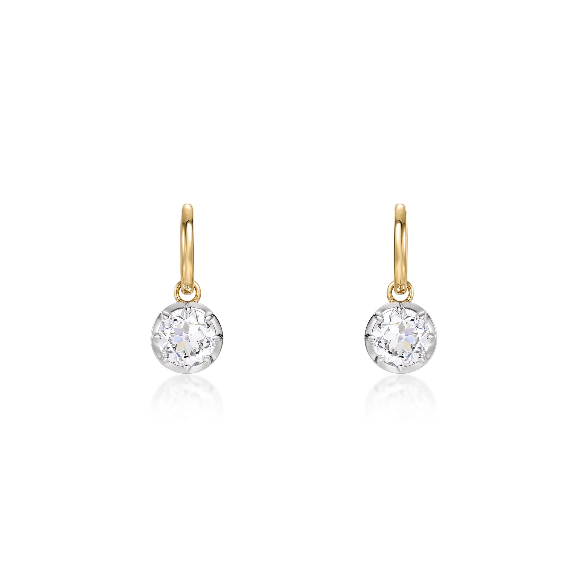 Bezel Old European Cut Diamond Drop Hoop Earrings with lab grown diamonds set in yellow gold hoops.