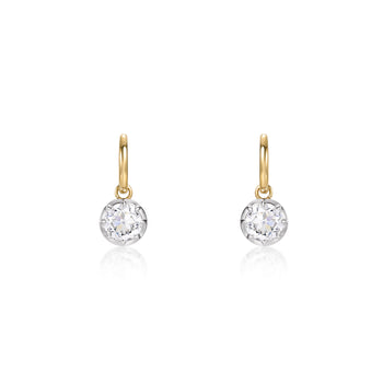Bezel Old European Cut Diamond Drop Hoop Earrings with lab grown diamonds set in yellow gold hoops.
