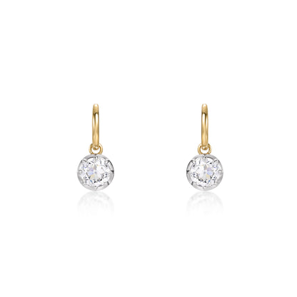 Bezel Old European Cut Diamond Drop Hoop Earrings with lab grown diamonds set in yellow gold hoops.